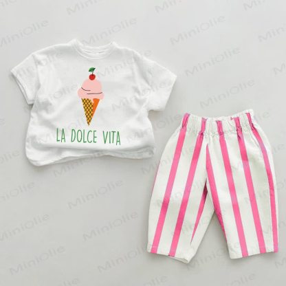 LA DOLCE VITA Baby Ice Cream Pink Vertical Striped 2-piece Set - White&Pink - 2-3T - image 1