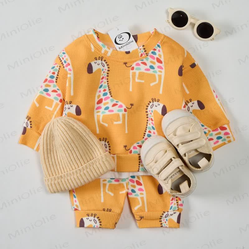 Baby Toddler Giraffe Waffle Sweatshirt 2-piece Set - Yellow - 2-3T - image 1