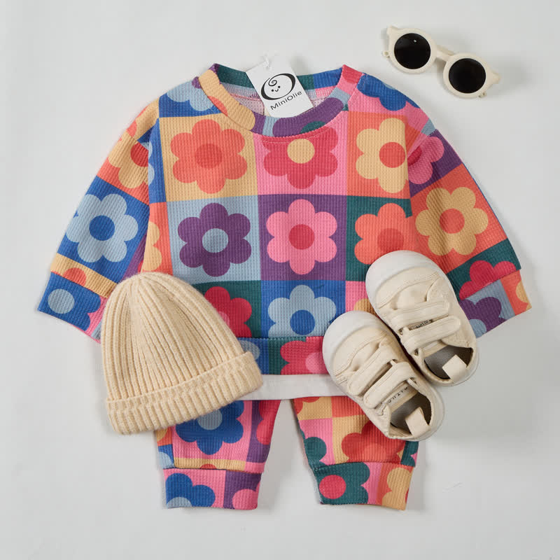 Baby Waffle Colorful Plaid Flower Sweatshirt 2-piece Pink Set - Pink - 3-5T - image 1