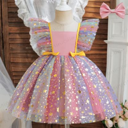 Baby Toddler Girl Bow Rainbow Star Mesh Dress - Pink - 5Y - image 1