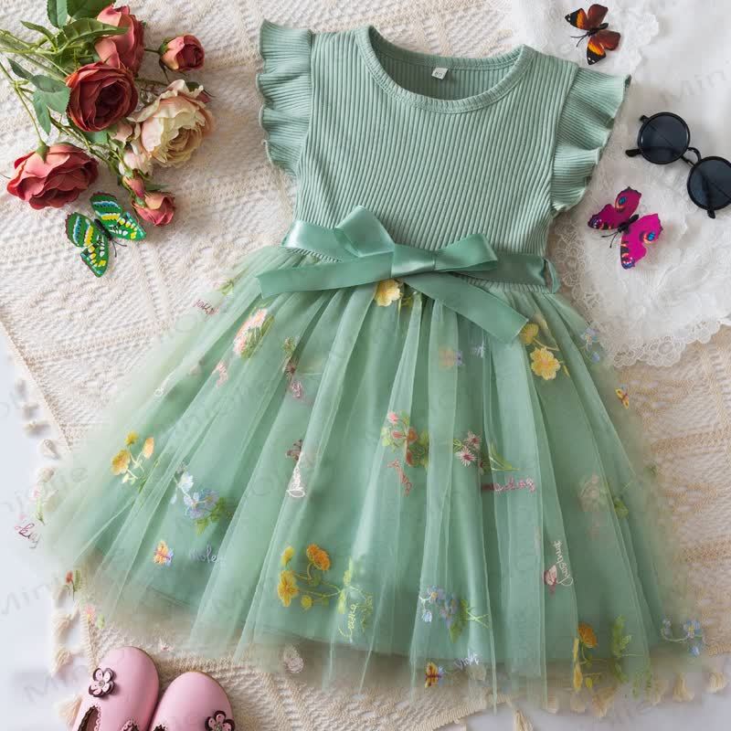 Baby Toddler Girl Bow Embroidered Flower Mesh Dress - Green - 5Y - image 3