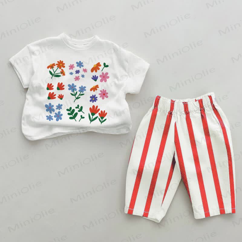 Baby Flowers Red Vertical Striped 2-piece Set - White&Red - 2-3T - image 1