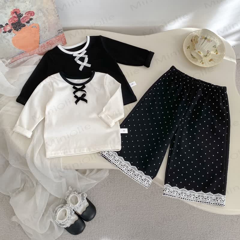 Baby Toddler Girl Solid Color Bow Top/Black Dot Pants - image 1