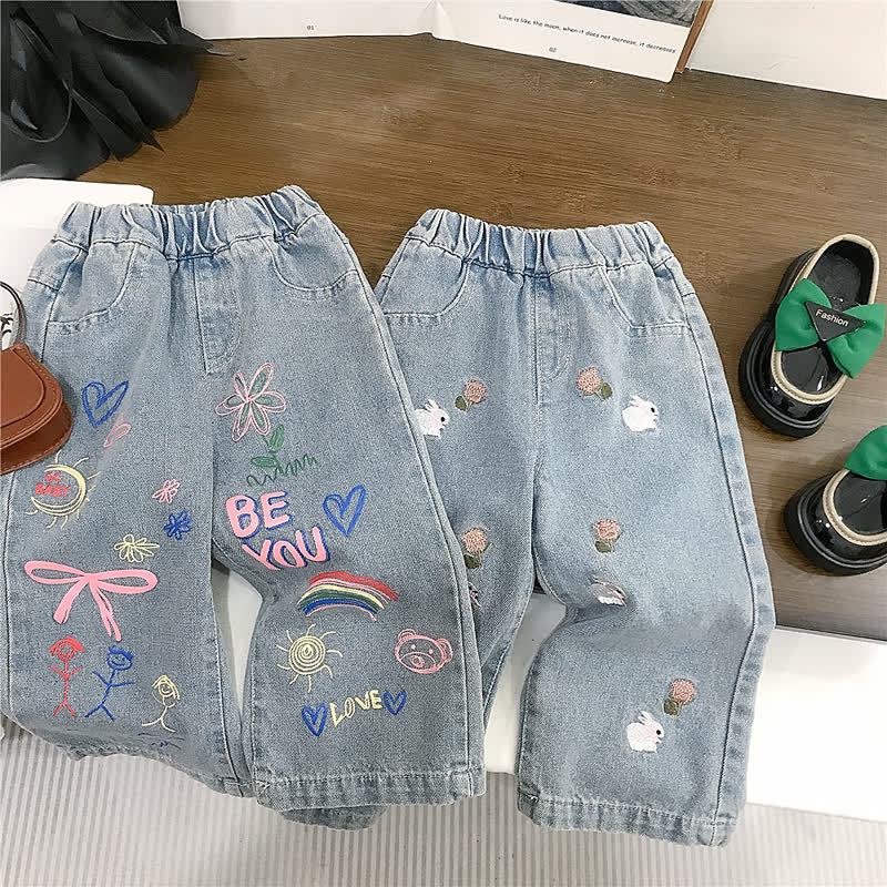 Toddler Kid Girl Denim Blue Flower Bow/Bunny Pants - image 1