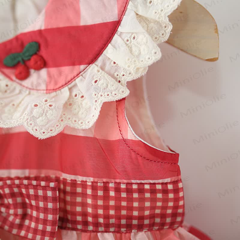 Baby Toddler Red Plaid Bow Cherry Dress  - image 4