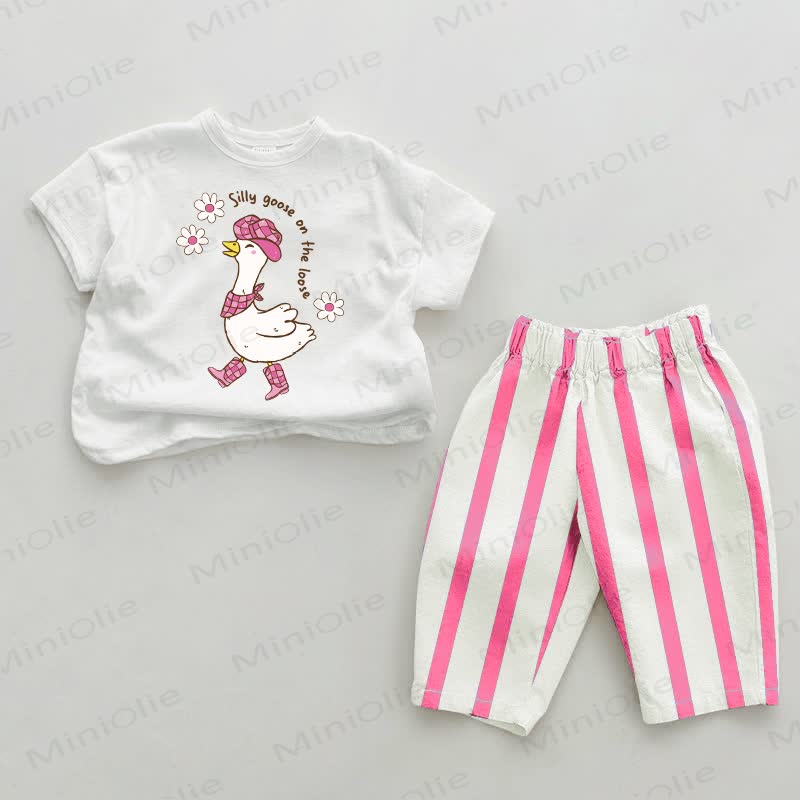 SILLY GOOSE ON THE LOOSE Baby Flower Pink Vertical Striped 2-piece Set - White&Pink - 2-3T - image 1