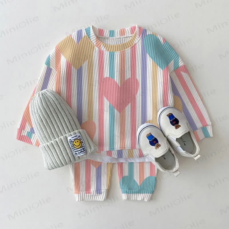 Baby Colorful Striped Hearts Waffle 2-piece Set - White Colorful - 3-5T - image 1