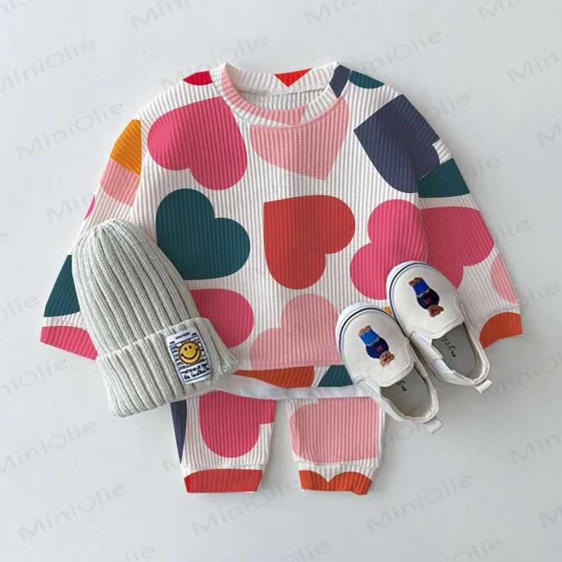 Baby Toddler Colorful Hearts Waffle 2-piece Beige Set - White - 3-5T - image 1