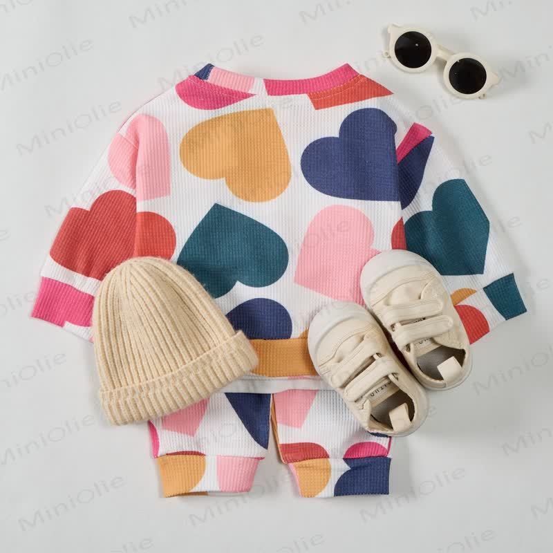Baby Toddler Colorful Hearts Waffle 2-piece Beige Set - image 3