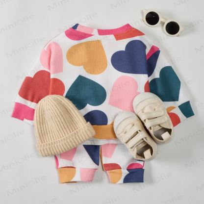 Baby Toddler Colorful Hearts Waffle 2-piece Beige Set - image 3