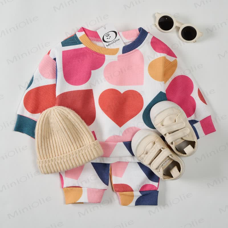 Baby Toddler Colorful Hearts Waffle 2-piece Beige Set - image 2