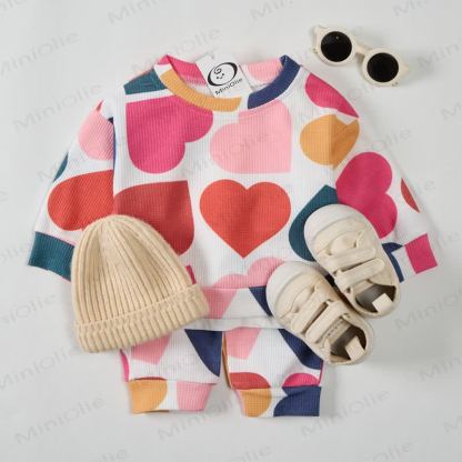 Baby Toddler Colorful Hearts Waffle 2-piece Beige Set - image 2