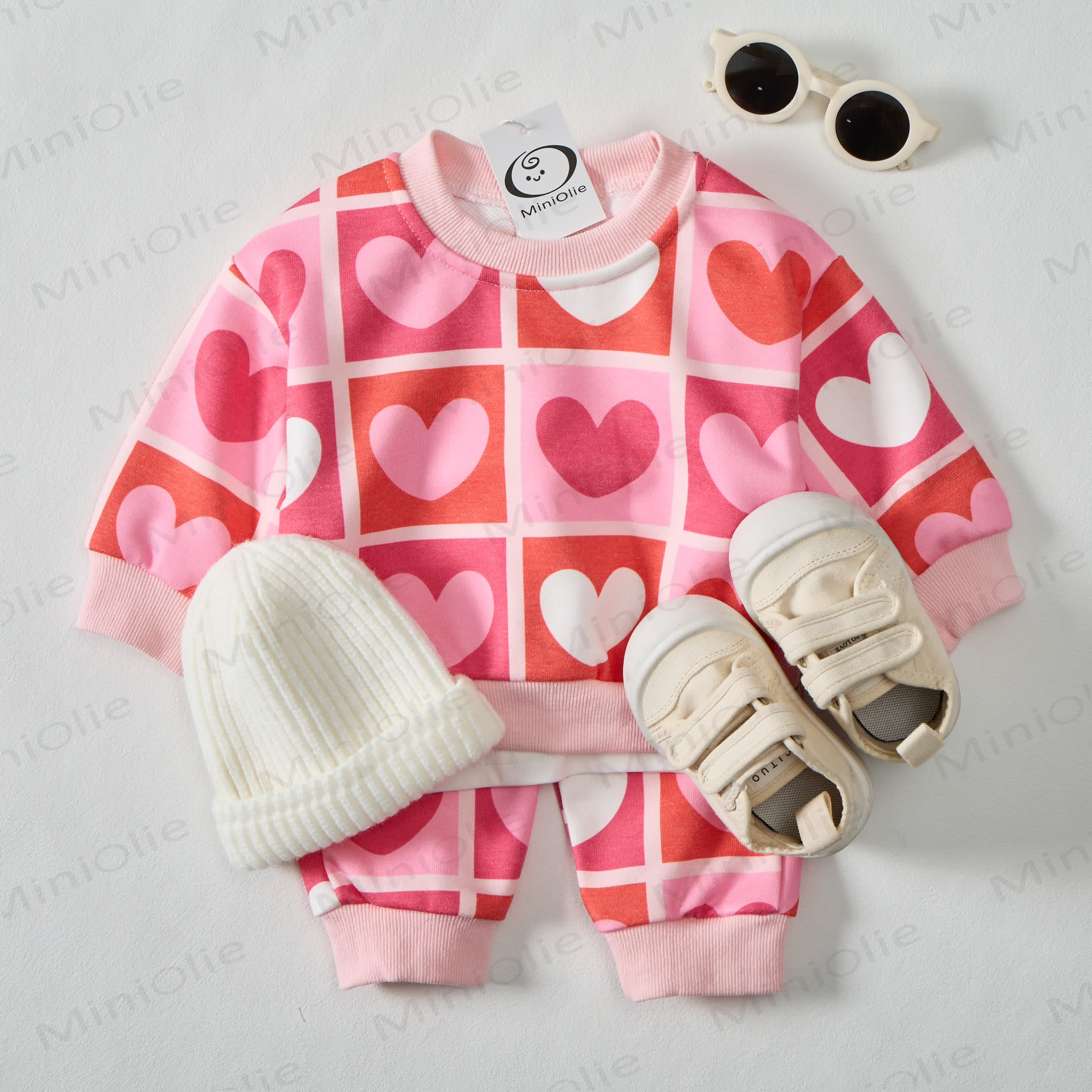 Baby Gradient Checkered Hearts Sweatshirt 2-piece Pink Set - image 2