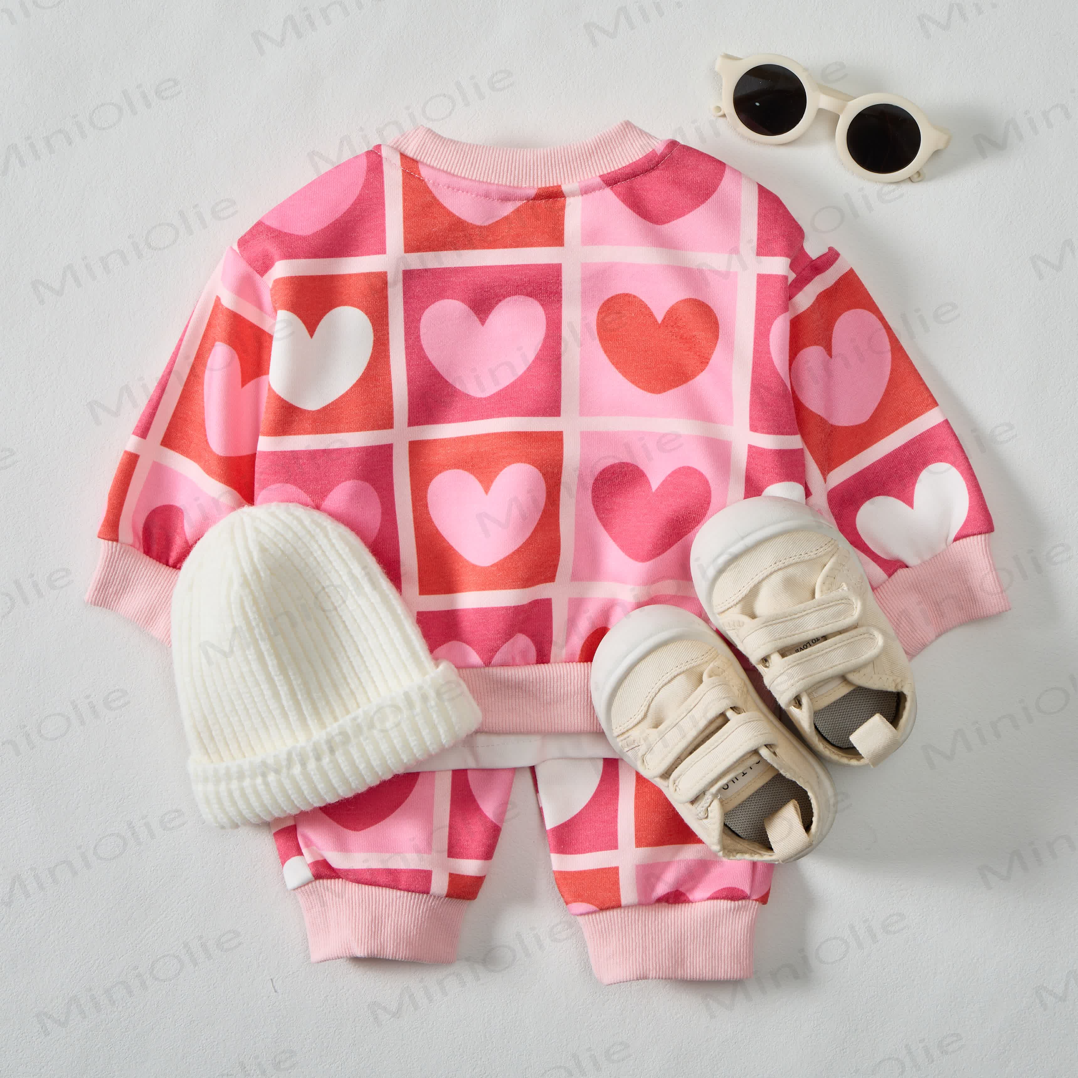 Baby Gradient Checkered Hearts Sweatshirt 2-piece Pink Set - image 7