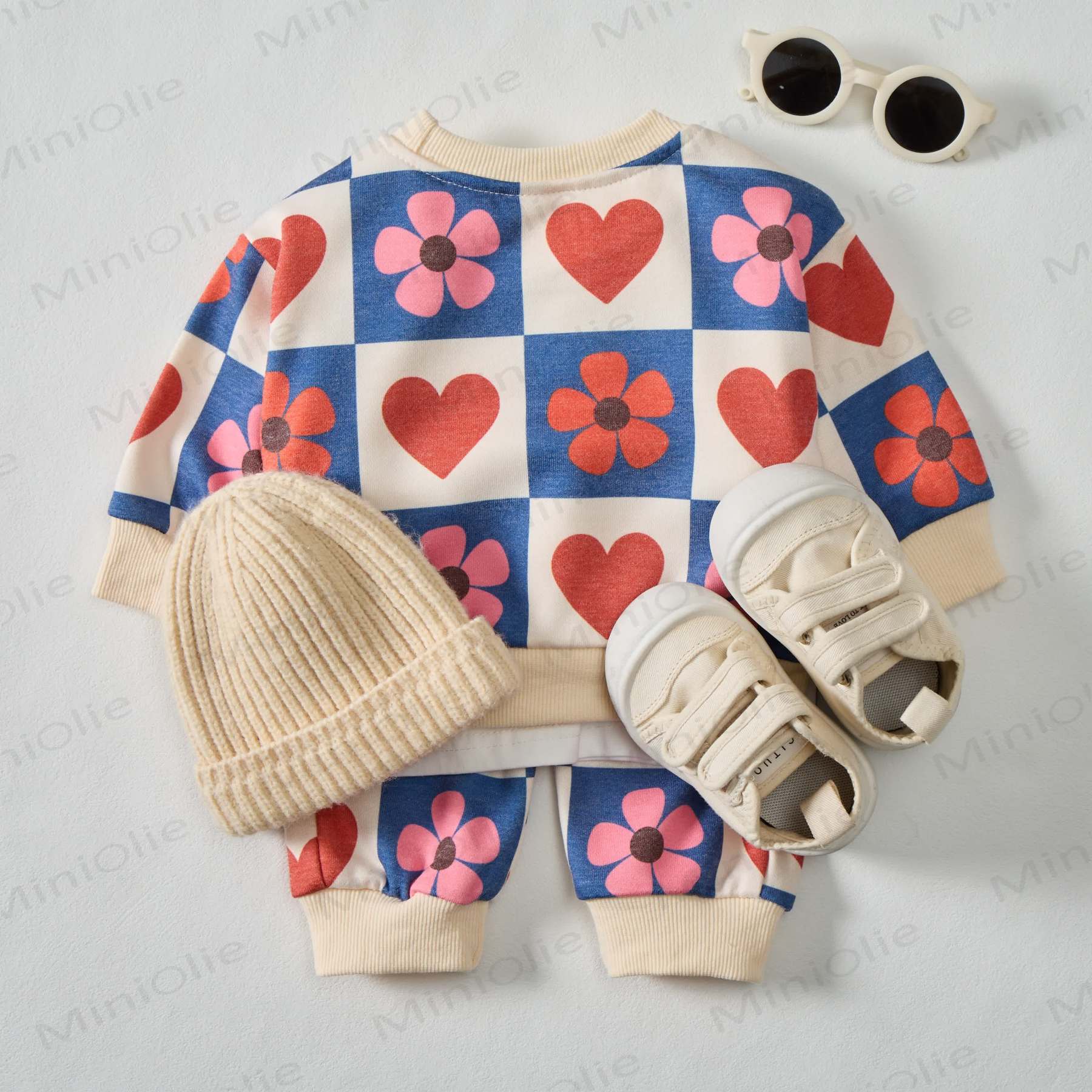 Baby Checkered Hearts & Flowers Sweatshirt 2-piece Beige Set - image 7