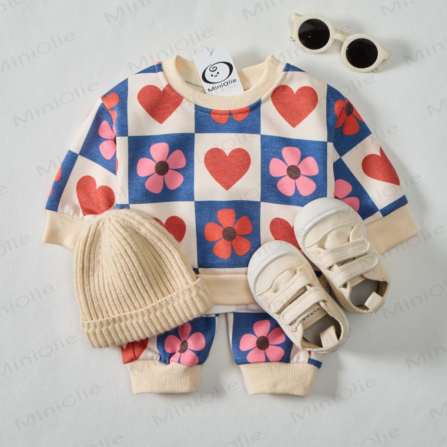 Baby Checkered Hearts & Flowers Sweatshirt 2-piece Beige Set - image 2