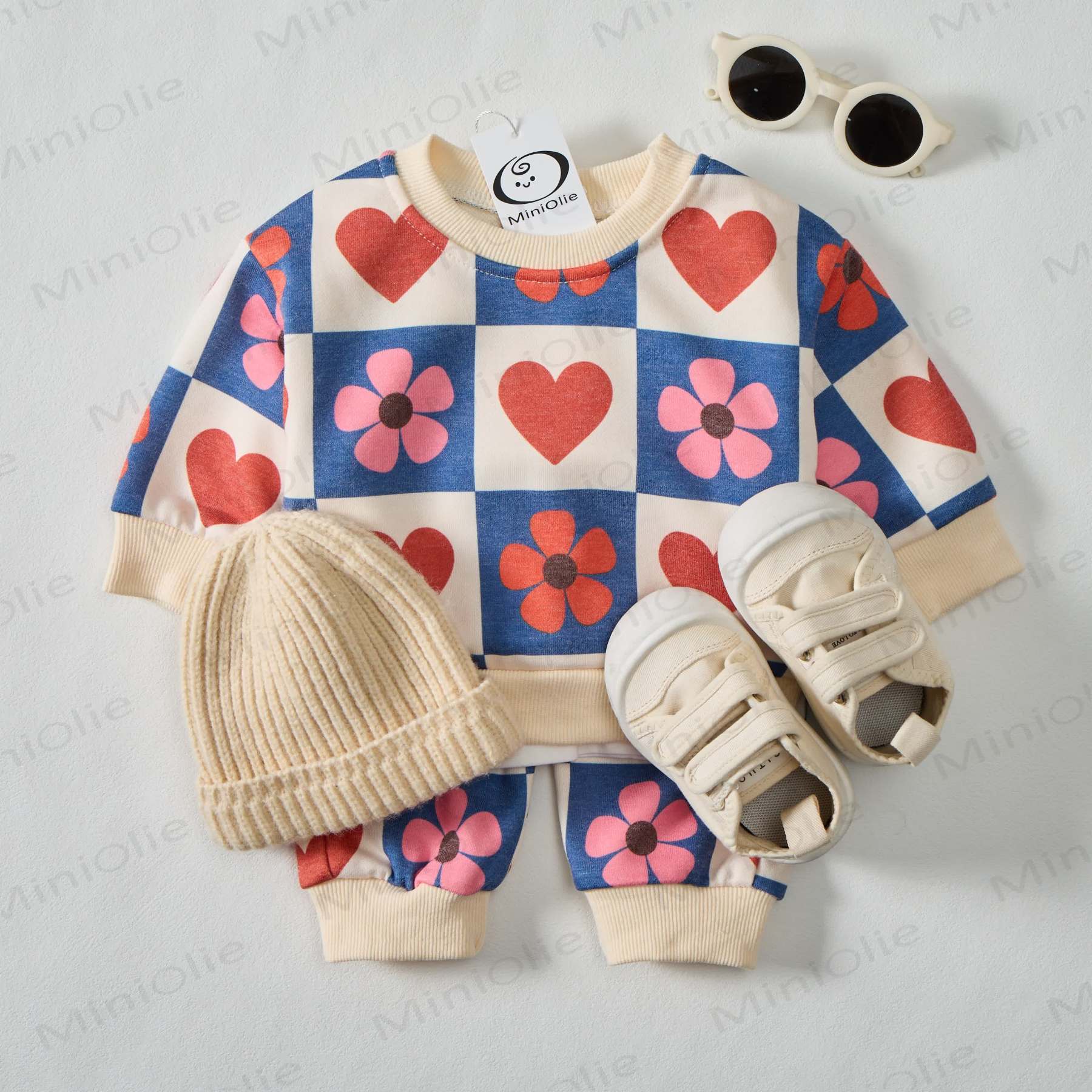 Baby Checkered Hearts & Flowers Sweatshirt 2-piece Beige Set - image 2