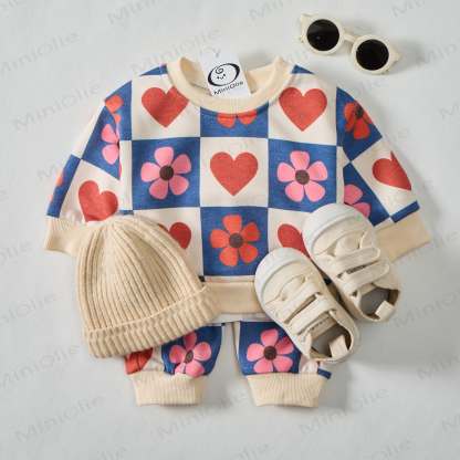Baby Checkered Hearts & Flowers Sweatshirt 2-piece Beige Set - image 2