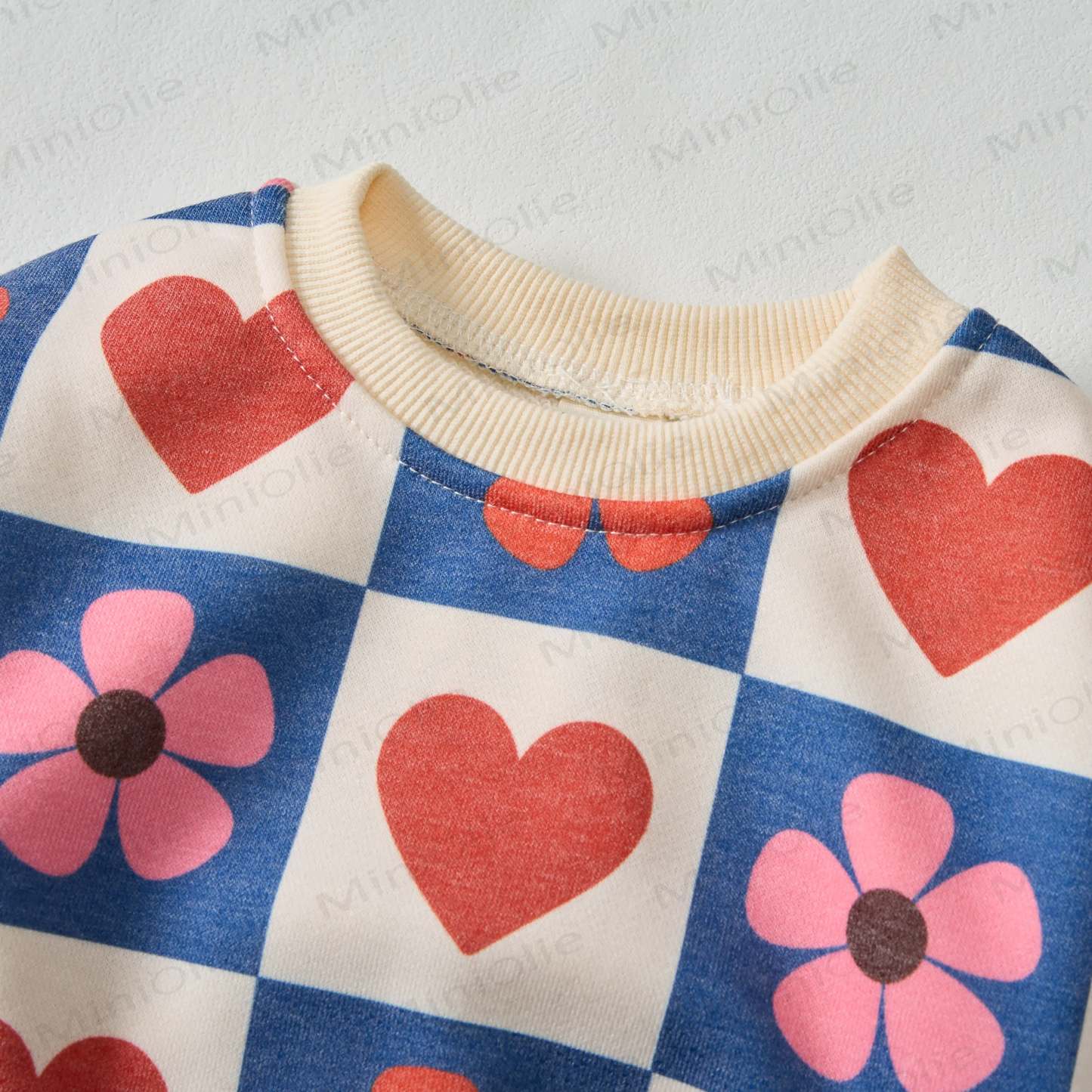 Baby Checkered Hearts & Flowers Sweatshirt 2-piece Beige Set - image 3