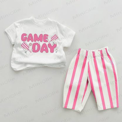 GAME DAY Baby Pink Vertical Striped 2-piece Set - White&Pink - 2-3T - image 1
