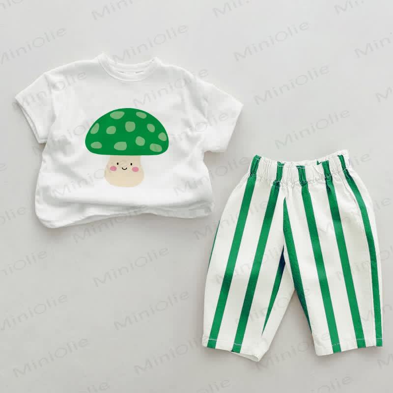 Baby Lovely Mushroom Green Vertical Striped 2-piece Set - White&Green - 2-3T - image 1