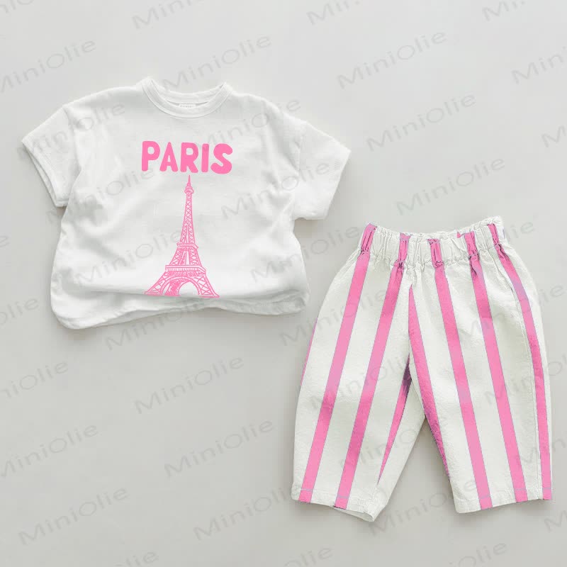 PARIS Baby Eiffel Tower Pink Vertical Striped 2-piece Set - White&Pink - 2-3T - image 1