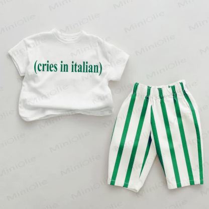 (CRIES IN ITALIAN) Baby Green Vertical Striped 2-piece Set - White&Green - 2-3T - image 1