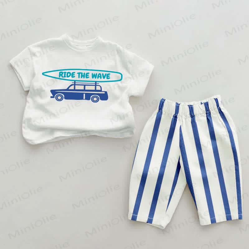 RIDE THE WAVE Baby Car 2-piece Blue Vertical Striped Set - White&Blue - 2-3T - image 1