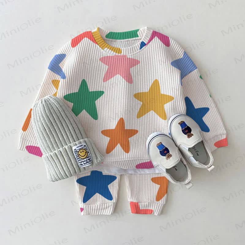 Baby Toddler Colorful Stars Waffle 2-piece Beige Set - Beige - 3-5T - image 1