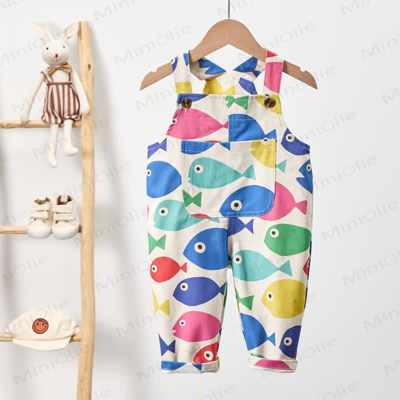 Baby Toddler White Multicolor Fish Woven Overalls  - image 3