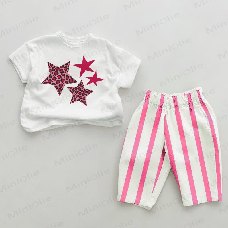 Baby Leopard Print Stars Pink Vertical Striped 2-piece Set - White&Pink - 2-3T - image 1