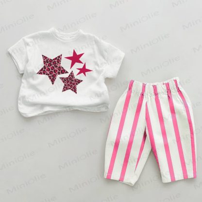 Baby Leopard Print Stars Pink Vertical Striped 2-piece Set - White&Pink - 2-3T - image 1