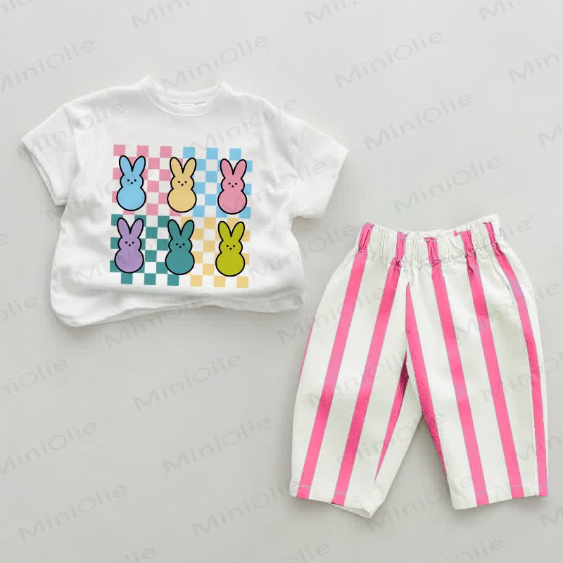 Baby Colored Checkered Bunny Pink Vertical Striped 2-piece Set - White&Pink - 2-3T - image 1