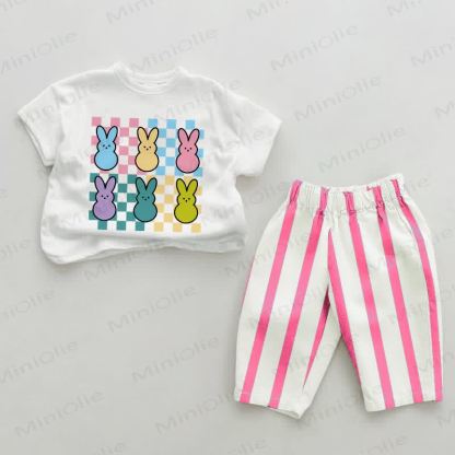 Baby Colored Checkered Bunny Pink Vertical Striped 2-piece Set - White&Pink - 2-3T - image 1