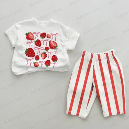 Baby Strawberry & Bownot Red Vertical Striped 2-piece Set - White&Red - 2-3T - image 1
