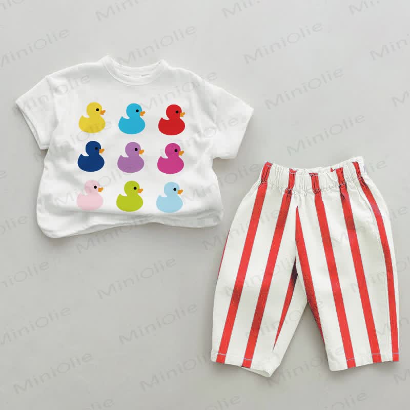 Baby Colorful Ducks Red Vertical Striped 2-piece Set - White&Red - 2-3T - image 1