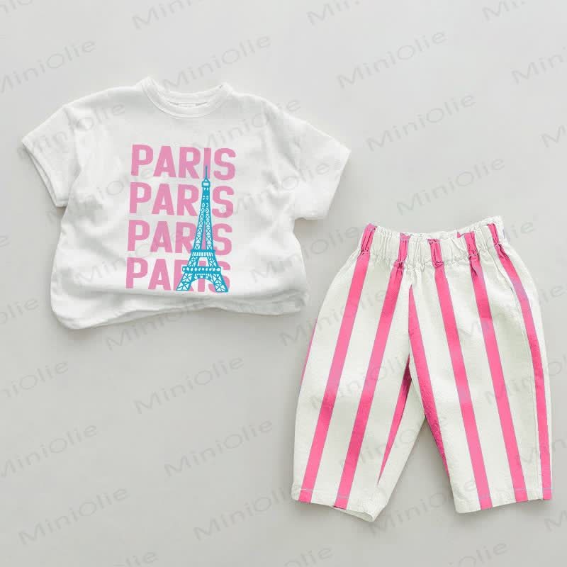 PARIS Baby Eiffel Tower Pink Vertical Striped 2-piece Set - White&Pink - 2-3T - image 1