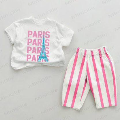 PARIS Baby Eiffel Tower Pink Vertical Striped 2-piece Set - White&Pink - 2-3T - image 1