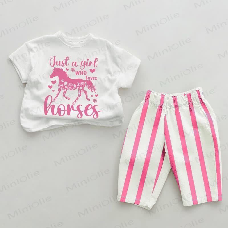 JUST A GIRL WHO LOVES HORSES Baby Pink Vertical Striped 2-piece Set - White&Pink - 2-3T - image 1