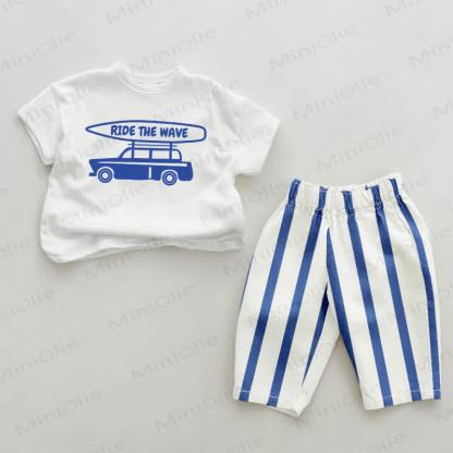 RIDE THE WAVE Baby Blue Vertical Striped 2-piece Set - White&Blue - 2-3T - image 1