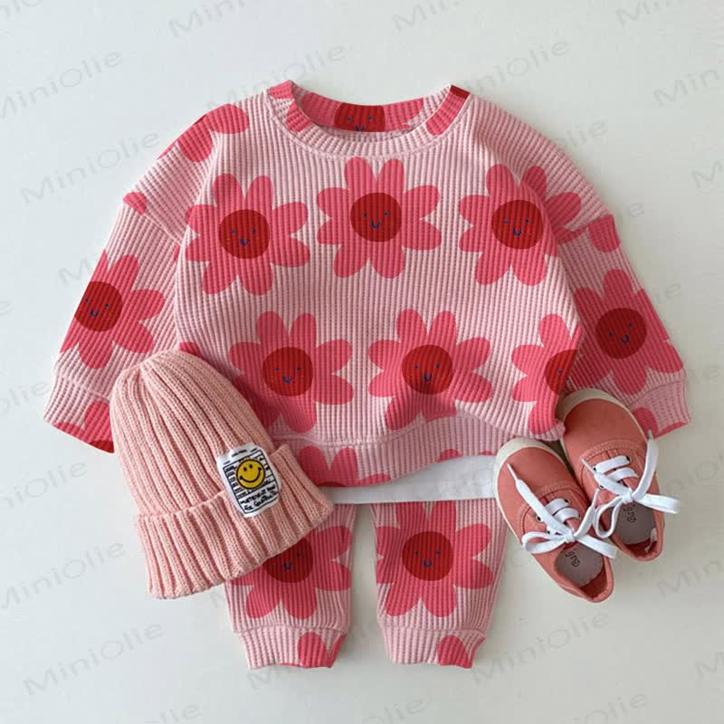 Baby Toddler Smiley Flower Waffle Sweatshirt 2-piece Set - Pink - 3-5T - image 1