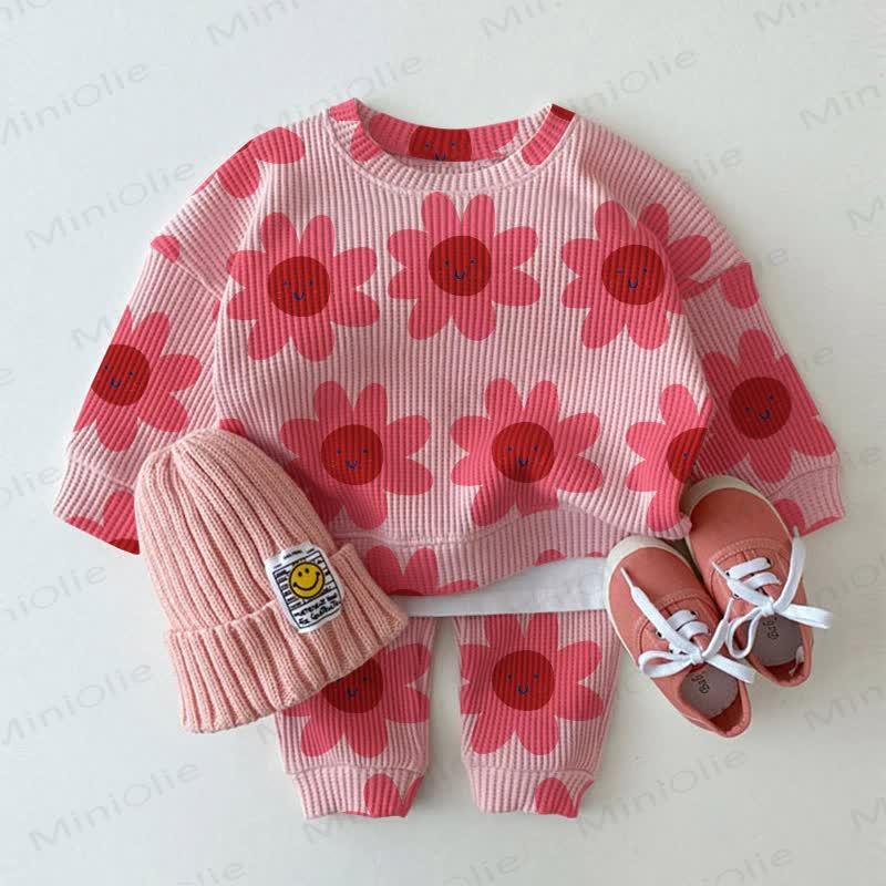 Baby Toddler Smiley Flower Waffle Sweatshirt 2-piece Set - Pink - 3-5T - image 1