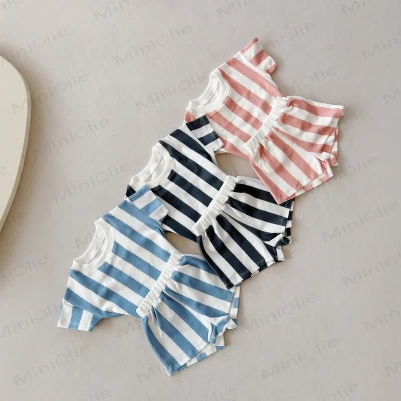 Baby Striped Tee and Shorts Casual 2-Piece Set - Blue - 5-7T - image 1