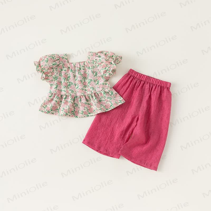 Toddler Puff Sleeve Top and  Wide-Leg Pants Set - Pink - 10Y - image 2