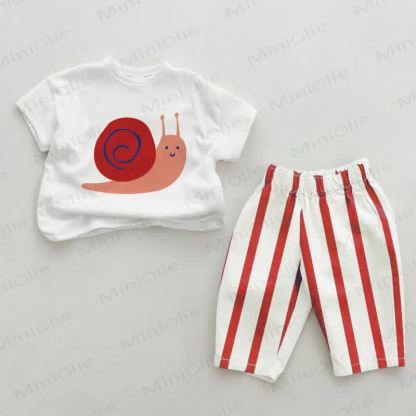 Baby Snail Red Vertical Striped 2-piece Set - White&Red - 2-3T - image 1