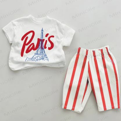 PARIS Baby Eiffel Tower Red Vertical Striped 2-piece Set - White&Red - 2-3T - image 1