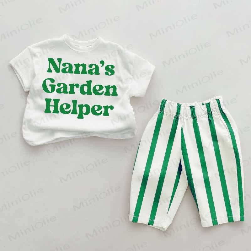 NANA'S GARDEN HELPER Baby Vertical Striped 2-piece Set - White&Green - 2-3T - image 1