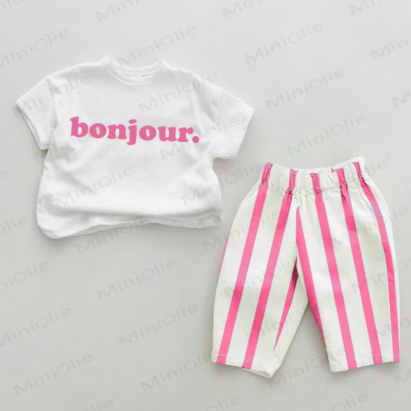 BONJOUR. Baby Pink Sardines Vertical Striped 2-piece Set - White&Pink - 2-3T - image 1