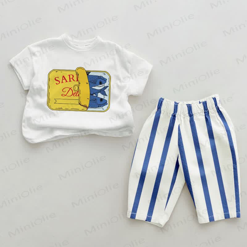 Baby Canned Sardines Blue Vertical Striped 2-piece Set - White&Blue - 2-3T - image 1