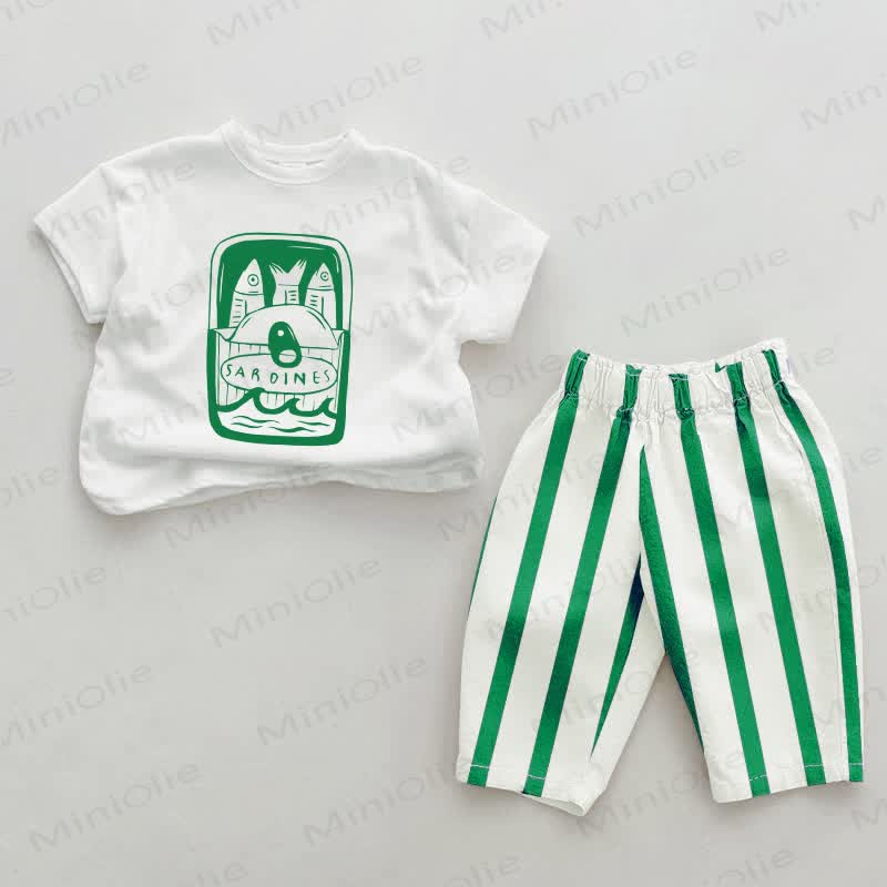 Baby Canned Sardines Green Vertical Striped 2-piece Set - White&Green - 2-3T - image 1